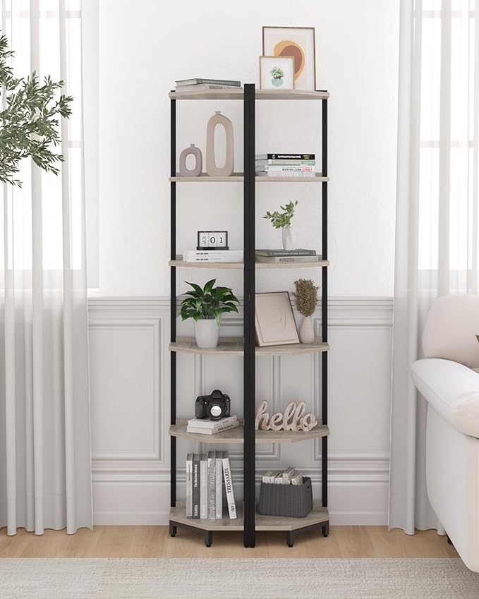 Corner Shelf Stand, Corner Bookshelf, Storage Standing Shelf Unit with Metal Frame, Plant Stand, Bookcase for Living Room, Home Office, Bedroom, 6-Tier Greige CS06005B