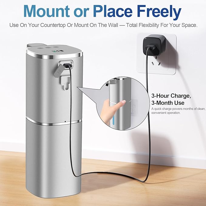 Automatic Liquid Soap Dispenser, 9 Adjustable Levels, 380ml/12.8oz, Touchless Hand Soap or Dish Soap Dispenser,IR Sensor & Display,Wall-Mount or Tabletop Use for Bathroom Kitchen (Silver)