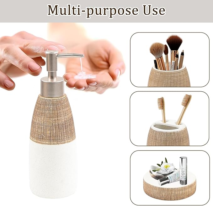 CERBIOR Bathroom Accessories Set,4 Pcs Ceramic Bathroom Decor Accessory,Includes Toothbrush Holder, Toothbrush Cup, Soap Dish for Decorative Countertop and Housewarming Gift, (Brown White)