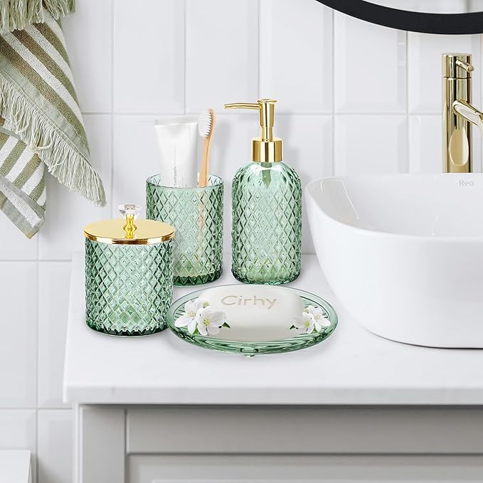 Green Bathroom Accessories 4Pcs of Glass Bathroom Counter Organizer Set,Toothbrush Holders, Soap Dispenser, Apothecary Jar, Vanity Tray, Bathroom Decor Gifts