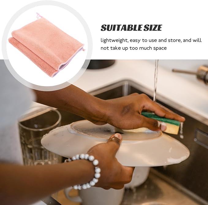 balacoo Absorbent Cleaning Cloths 2pcs Set, Double-Layer Microfiber Dish Towels Hanging Loop, Red 20x30cm, Multipurpose Kitchen Scouring and Drying Rags for Home Use