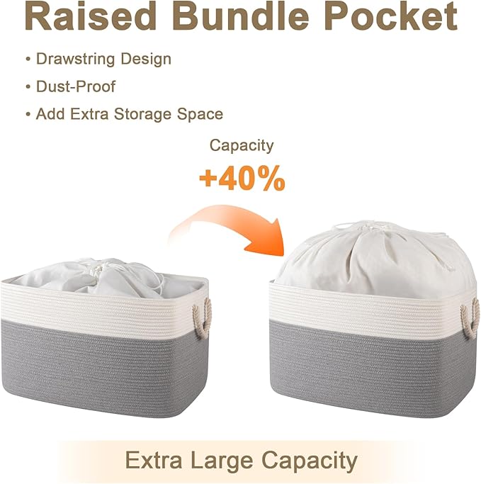 95L Extra Large Blanket Basket with Lid, 24" x 16.9" x 14.2" Woven Storage Basket for Living Room, Rectangle Nursery Blanket Storage for Toys, Towels, Dirty Clothes, Grey & White