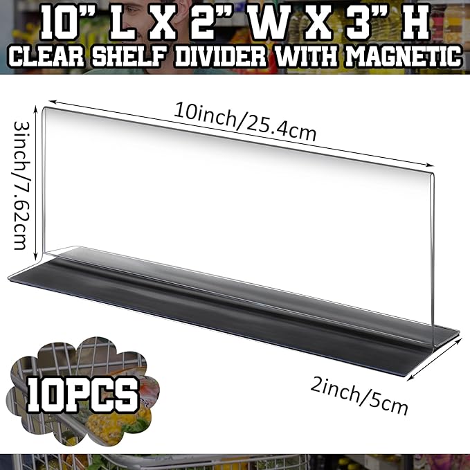 Geelin 10 Pcs Clear Shelf Divider with Magnetic 10" L X 2" W X 3" H Plastic Shelf Separator Closet Divider, Clapboard Baffle for Storage Bedroom Bathroom Kitchen Office Supermarket Organization