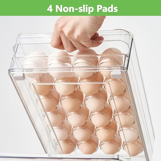 vacane Egg Holder for Refrigerator, 48 Capacity Clear Egg Storage Drawer with Non-Slip Pads, Stackable BPA-Free Egg Organizer Tray for Fridge