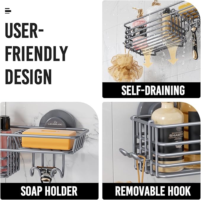 LEVERLOC Shower Caddy Suction Cup, Heavy Duty Bathroom Organizer for Inside Shower with Hooks & Soap Holder， NO-Drilling Bathroom Shower Holder-Grey