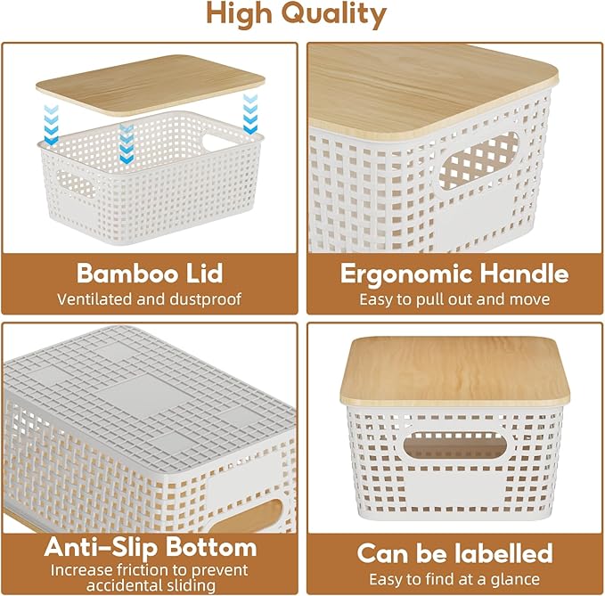 8 Pack Plastic Storage Bins with Bamboo Lids - Stackable Storage Baskets with Lids for Pantry Organizer and Storage, Small Plastic Stackable Storage Bins for Shelves, Office, Cabinet &Pantry,Nursery