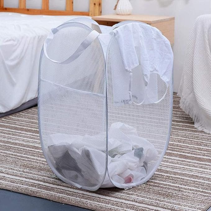 Pop Up Laundry Hamper, Collapsible Mesh Laundry Basket Clothes Hamper for Home Room, Dorm Room, Cruise, White