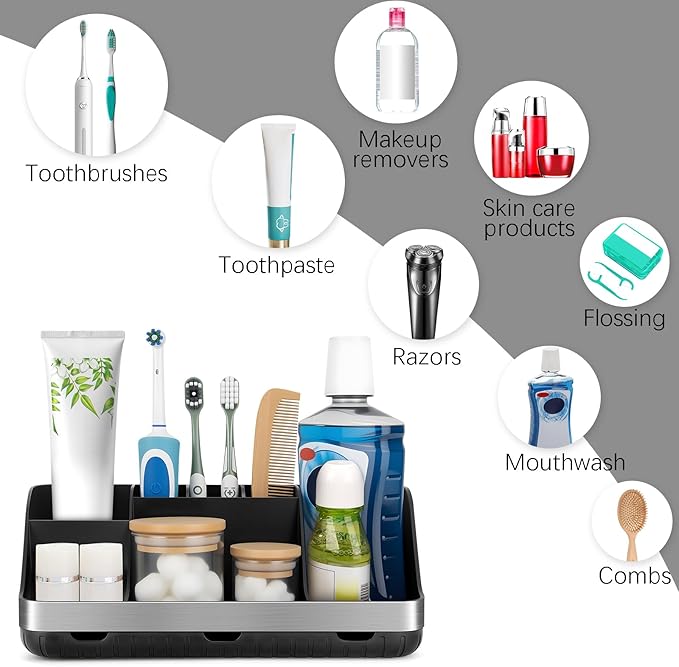 Black Toothbrush Holder - 7 Slots Bathroom Organizer Countertop with Drainage Matte Black Electric Toothbrush and Toothpaste Holder for Bathroom Accessories Sink Storage