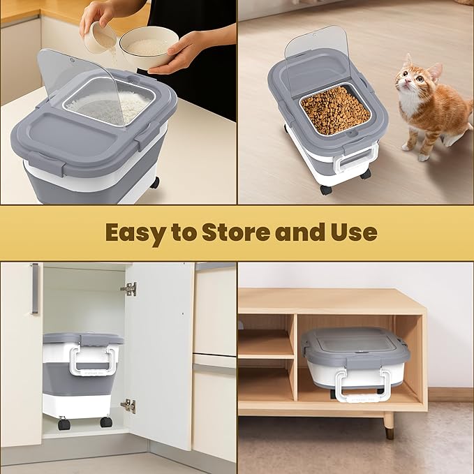 HOYTAMDA 20-30Lbs Rice Container,Collapsible Airtight Food Storage Containers with Wheels,Handle,Rice Storage Container with Small Bin and Scoop