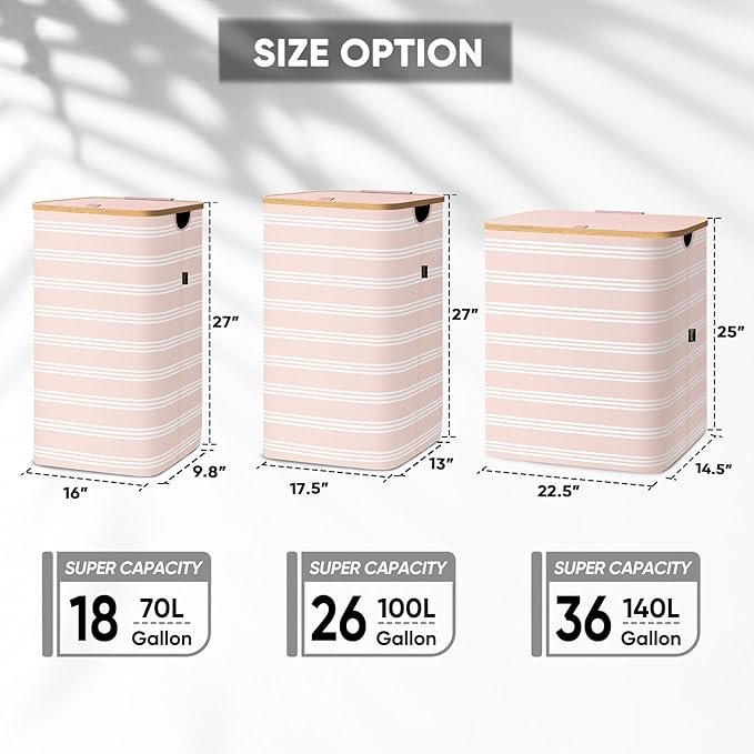 BALEINE Laundry Hamper with Lid, Tall Laundry Baskets with Bamboo Pull Handles, Large Laundry Bin with Internal Support (26 Gal/100L, Pink Pinstripe)