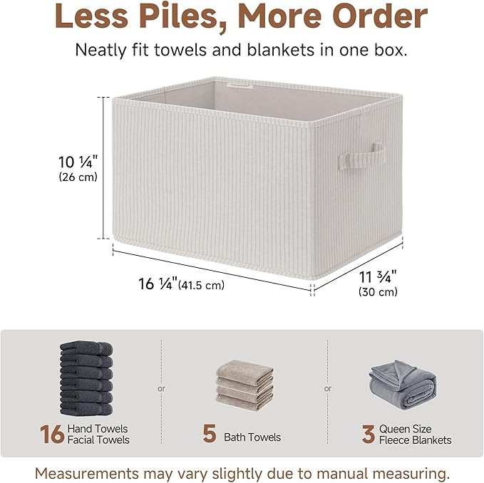 StorageWorks Foldable Shelf Organizer Bins, Closet Storage Baskets for Clothes, Storage Bins for Organization, Beige Stripes, 3-Pack, Extra Large