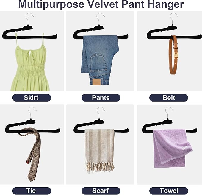 Velvet Pants Hangers - 16 Pack Black Non Slip Open Ended Hanger with 360 Swivel Hook - Closet Space Saving Hanger for Heavy Pants, Jeans, Trousers, Scarf