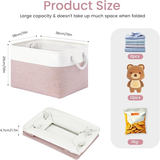 Large Storage Baskets- 15x11x10 inch Storage Bins for Shelves and Closet Organizing, Foldable Fabric Bin for Home Organization Clothes and Laundry (3-Pack, White&Pink)