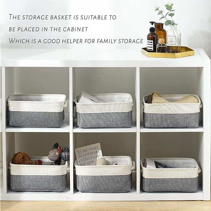 Sacyic Fabric Storage Bins 12x8x5 inch [6-Pack] with Rope Handles - Decorative Baskets for Organizing
