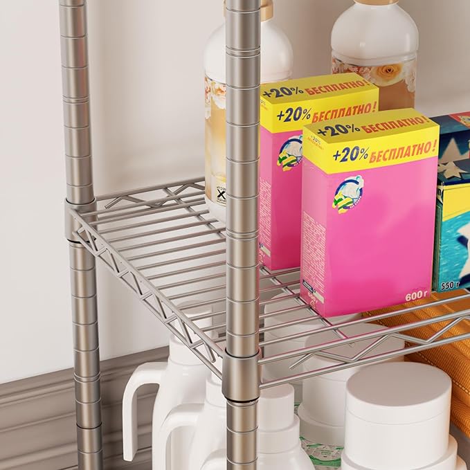 SINGAYE 5 Shelf Storage Wire Shelves Closet Bathroom Organizers Metal Pantry Kitchen Garage Shelving Unit Laundry Room Organization Home Narrow Rack Net Basket with Wheels White