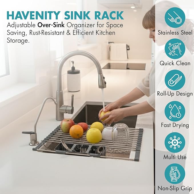 HAVENITY™ Expandable Roll Up Dish Drying Rack - Adjustable Up to 22.75" with 2 FREE Attachments & 2 Removable Baskets, 304 Stainless Steel Over The Sink dish Drying Rack Cover Kitchen Sink Accessories