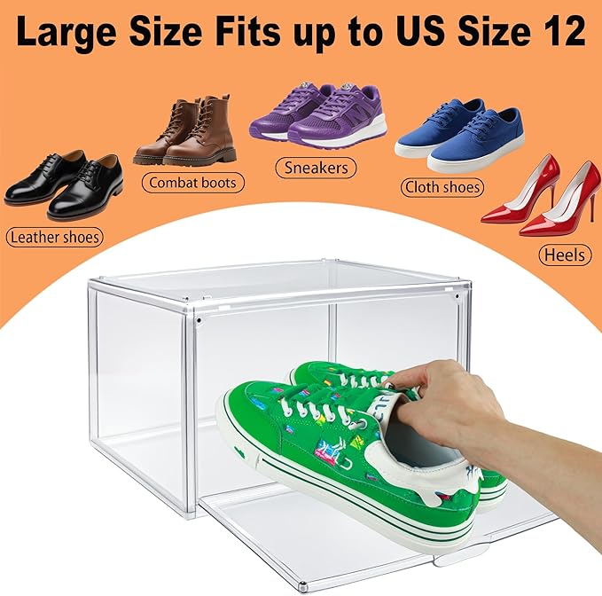 10 Pack Acrylic Sneaker Shoe Display Case, Size 12.5 Clear Shoe Boxes Stackable Purse Handbag Collectibles Organizer with Magnetic Door, Size 12.5 for Men Women Shoes Rack
