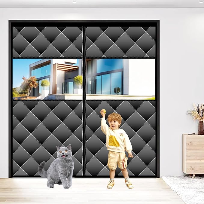 Magnetic Thermal Insulated Door Curtain with Visible Windows, Thicken Polyester Fiberfill & Durable Oxford Fabric, Hands Free Windproof Door Screen, Fit Doors Size Up to 72 x 80 Inch, Black