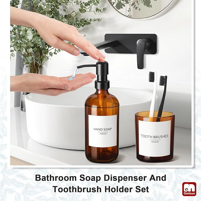 GMISUN Bathroom Accessories Set, 5 Pack Amber Glass Bath Accessory Sets Complete, Brown Soap Dispenser and Toothbrush Holder Bathroom Counter Sink Set with Labels, Rustic Modern Vintage Bathroom Decor