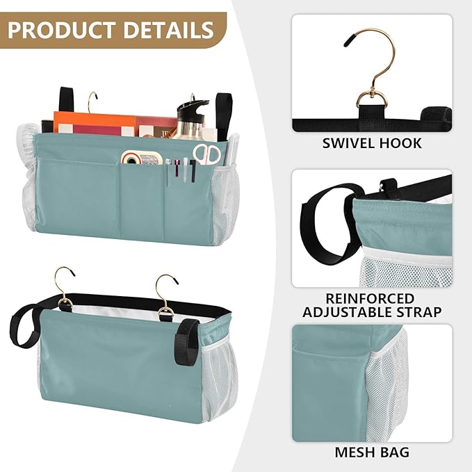 KOPIRIT Teal Bedside Caddy Storage Bag Bedside Organizer for Bunk Bed Headboards College Bedside Shelf Hanging Organizer 6 Pockets with Hooks for Glasses Book Tablet Holder