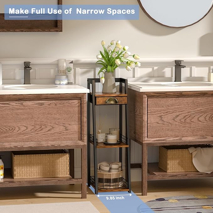 keomaisyto 3-Tier Narrow Bathroom Shelves with Drawer, Bathroom Organizers and Storage, Open Floor Ladder Shelf, Freestanding Tower Slim Standing Unit for Small Spaces - Rustic Brown