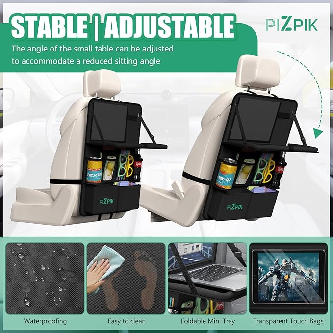 Car Backseat Organizer with Tablet Holder,11 Storage Pockets with Foldable Food Tray, Protector Kick Mats for Kids, Travel Accessories Organizer (Black, 2Pack with Food Tray)