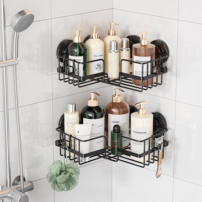 LEVERLOC 2 Pack Corner-adaptive Suction Cup Shower Caddies, Drill-Free Wall Mounted Basket, Stainless Steel Rustproof Corner Shower Shelf, Large Capacity Removable Suction Bathroom Organizer, Black