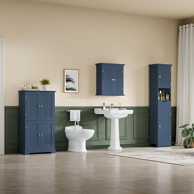 ChooChoo Bathroom Floor Cabinet, Modern Bathroom Storage Cabinet with 4 Doors and Adjustable Shelves, Freestanding Cupboard for Living Room, Blue