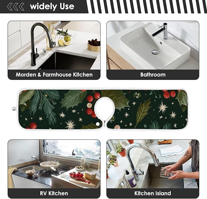 Sink Faucet Absorbing Mat Kitchen Sink Splash Guard Splash Faucet Drip Catcher for Bar RV Bathroom 2PCS 23.6x5.5in Green Christmas Holly Berries Pine Needles Leaves