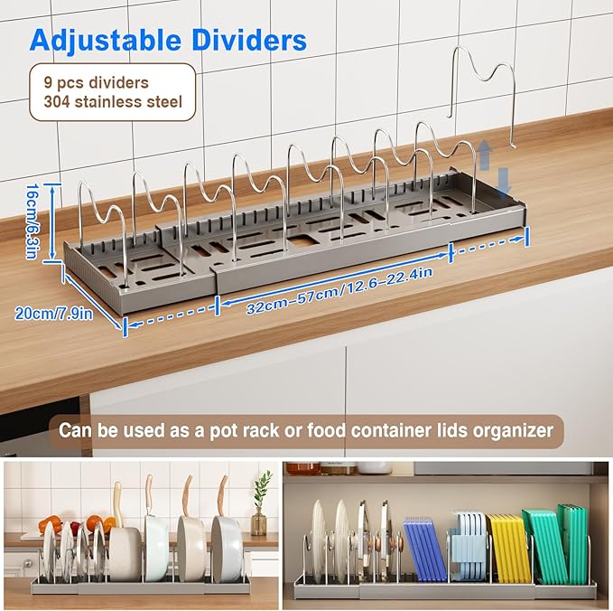 Pots and Pans Organizer Under Cabinet, 22" Expandable Food Storage Container Lid Organizers with 9 Adjustable Dividers Pot and Pan Lid Holders Rack Inside Cabinet/Countertop(1 Pack, Gray)