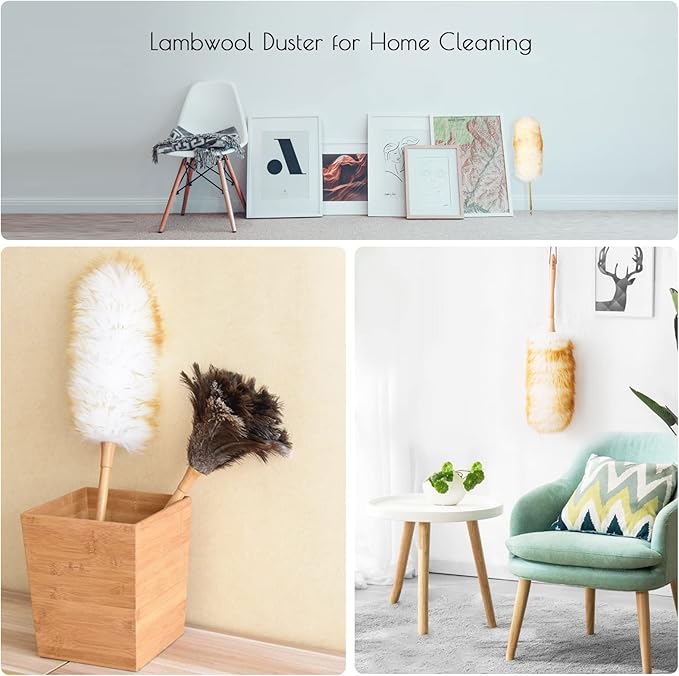 Lambs Wool Duster for Cleaning Window Blinds Computer Furniture TV Computer Screens Bookshelves Solid Wooden Handle Natural Feather Duster,16'', Yellow&White