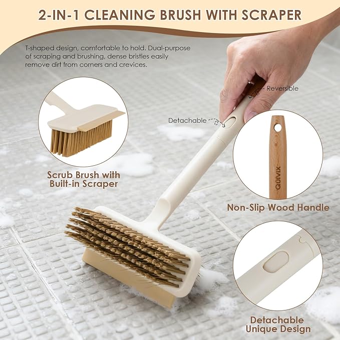3 Pack Hard Bristle Scrub Brush Set with Long Wooden Handle, 2-in-1 Heavy-Duty Scrubbing Brushes with Scraper Strip, Glass Shower Squeegee, Cleaning Brush for Bathroom, Shower, Floor, Bathtub, Walls