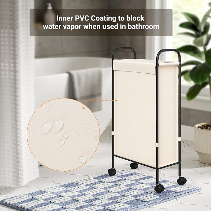 ELYKEN Slim Laundry Hamper with Lid, 50L Small Rolling Laundry Basket on Wheels, 7.9” Narrow Dirty Cloth Cart with Removable Inner Bag for Small Bathroom, Bedroom, Creamy