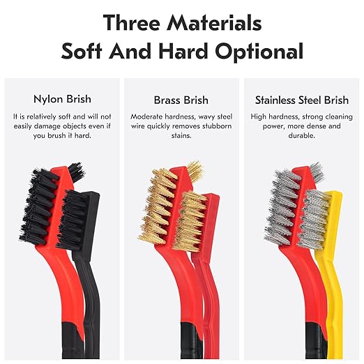 Small Wire Brush Set 6Pcs, Stainless Steel/Brass/Nylon/Bristle Mini Wire Brushes for Cleaning Rust, Scrub Removal Paint and Grout - 7 Inches