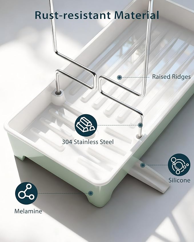 Minimalist Sink Caddy, Rustproof Sponge Holder for Kitchen Sink with 304 Stainless-Steel Brush Holder, Countertop Rack Organizer with Raised Ridges & Silicone Drain Tube (Mint Green)