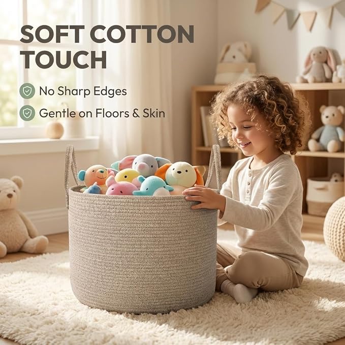 115L Extra Large Blanket Basket for Living Room - Woven Cotton Rope Laundry Hamper with Reinforced Handles - Storage Bin for Pillows, Comforters & Toys - Machine Washable,Oatmeal