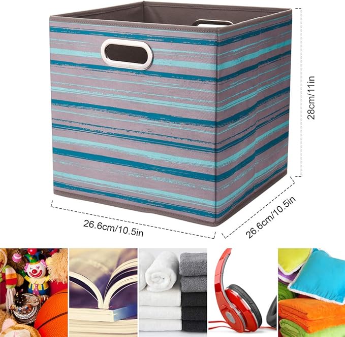 HSDT3 Cube Storage Bins Teal Stripes Gradient Lines 10.5x10.5x11 Inch Foldable Whale Coastal Print Fabric Half Storage Basketes for Home Organizers Storage Drawer,QY-SC12-3,Navy Blue-Whale(Set of 6)