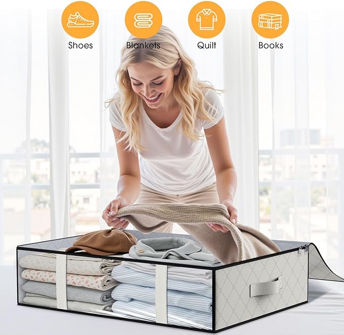 StorageRight Under Bed Storage Bins, 8-Pack 40L Foldable Fabric Storage Bags with Transparent Window, Breathable Organizer for Clothes/Blanket/Comforter/Quilt, White