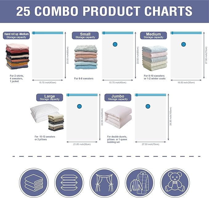 Cozy Essential 25 Pack Vacuum Storage Bags, Space Saver Bags (5 Jumbo/5 Large/5 Medium/5 Small/5 Roll) Compression for Comforters and Blankets, Pillow, Bedding, Sealer Clothes Storage,