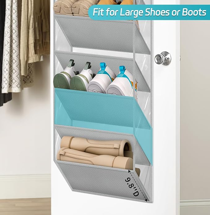 AOODA 10 Tier Clear Over the Door Shoe Organizer Storage, Deep Pockets Large Hanging Shoe Rack for Closet Door, Fit 20 Pairs Shoe Holder Hanger for Boots (Grey)