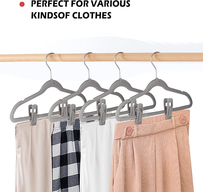 Tinfol Gray Velvet Hanger Clips 24 Pack, Non-Slip Flocked Clips for Pants, Skirts, Suits - Strong Finger Clips with Large Opening, Perfect for Slim-Line Velvet Hangers