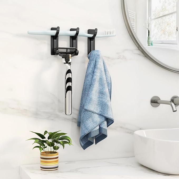 pickpiff Adhesive Wall Coat Hooks - Heavy Duty Stick-On Door Hanger, Metal Hook for Hanging Towel,Purse, Robe, Backpack, Jacket, Clothes - for Bathroom,Dorm, Closet, Kitchen - Black, 4 Pack