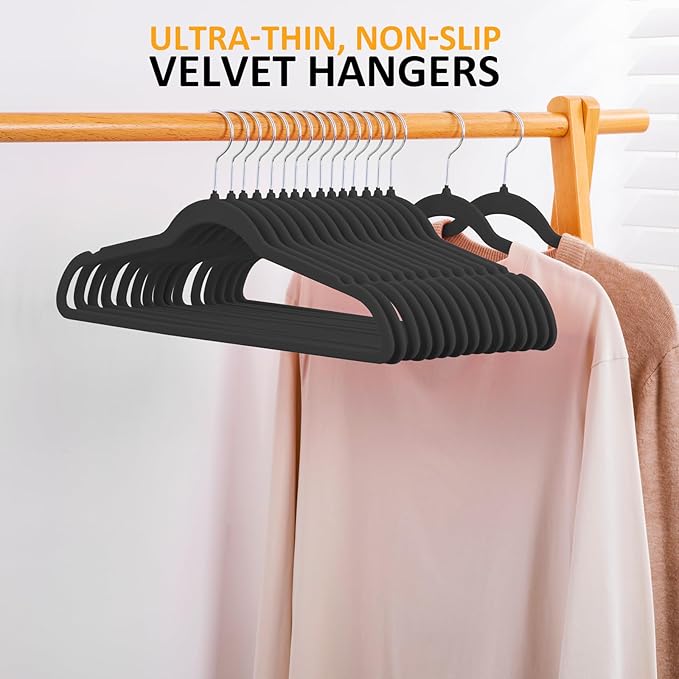 ELONG HOME Velvet Hangers, 50 Pack Black Slim Felt Hangers with 360 Swivel Hook, Non-Slip, Heavy Duty for Coats, Pants & Dresses