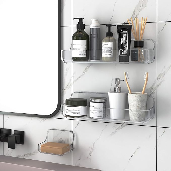 TZAMLI Clear Shower Caddy with Soap Dish, Adhesive Shower Organizer Shelf Plastic Wall Mounted No Drilling Shelves for Bathroom Kitchen Storage, 3 Pack