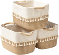 TeoKJ Woven Storage Bin Set of 3, Cotton Rope Basket for Storage, Clothes Boho Basket Bin for Organizing, Fabric Basket for Books, Plants, Pet Treats, White & Jute