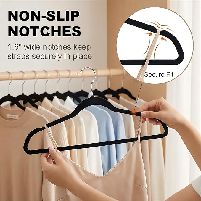 HOUSE DAY Black Plastic Hangers 20 Pack - Heavy Duty Non-Velvet Hangers with 360° Swivel Chrome Hook & Non Slip Notches - Slim Space Saving Clothes Hangers Ideal for Dresses Coats Shirts Jackets