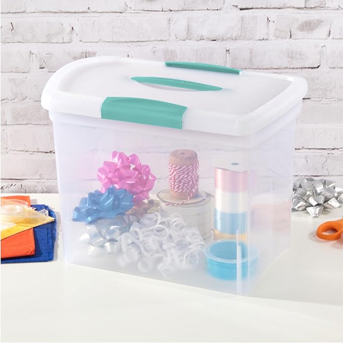Sterilite Large Nesting ShowOffs, Stackable Small Storage Bin with Latching Lid and Handle, Plastic Container to Organize Office Files, Clear, 18-Pack