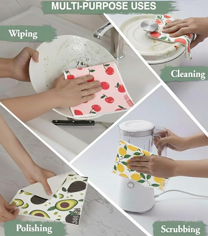 5 PCS Fruit Print Swedish Dishcloths for Kitchen 100% Biodegradable, Reusable Cellulose Sponge Cloths Ultra Absorbent, Eco Friendly Cleaning Towels Dishcloths for Washing Dishes & General Cleaning