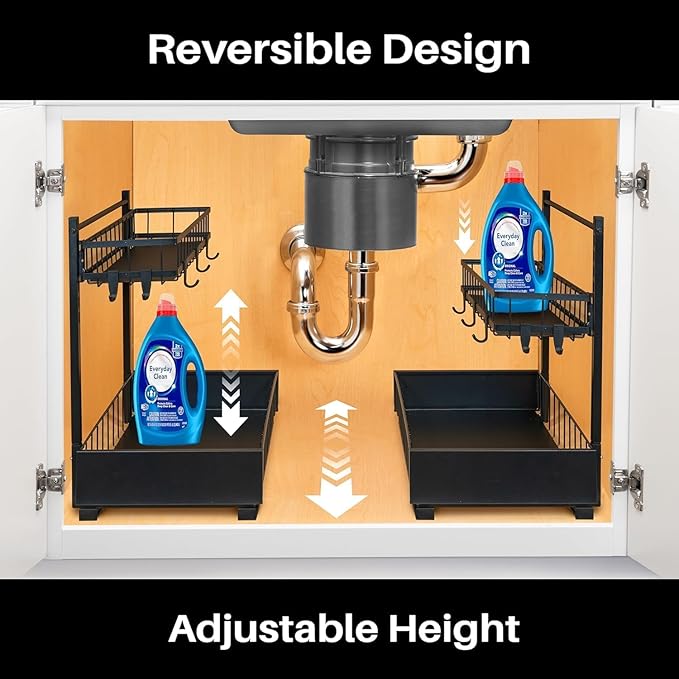 2 Tier Under Sink Storage & Organisation, Under Bathroom Cabinet Storage, Kitchen Sink Organiser Rack, Multi-purpose Under Sink Shelf Organizer- (Black) Set of 2