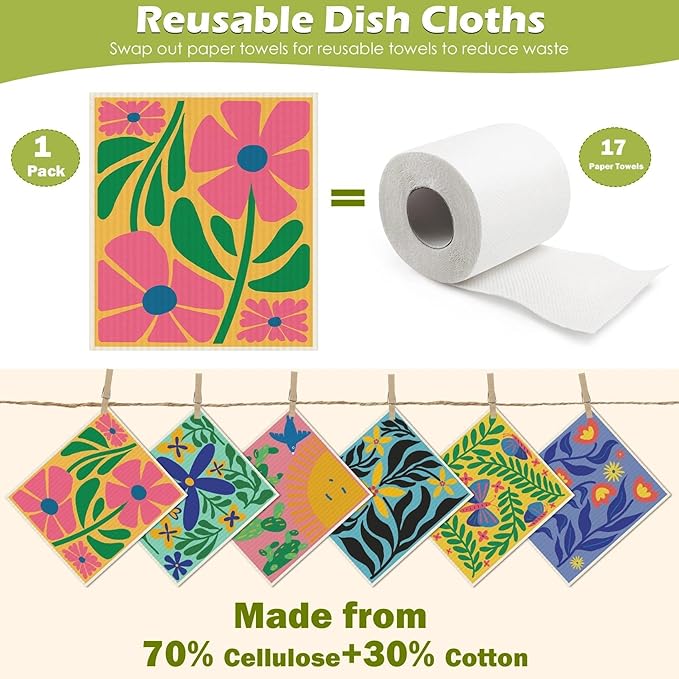 6 Packs Swedish Paper Cloths for Kitchen, Reusable Paper Towels Washable Dish Rags, Highly Absorbent Kitchen Towels Quick Drying Swedish Sponge Cleaning Dish Cloths (Hawaiian Style)